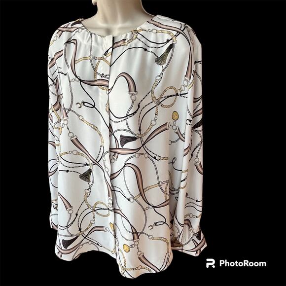 Ann Taylor Tassel Print Shirred Neck Button Front Blouse Womens XL Cream Black - Picture 3 of 10
